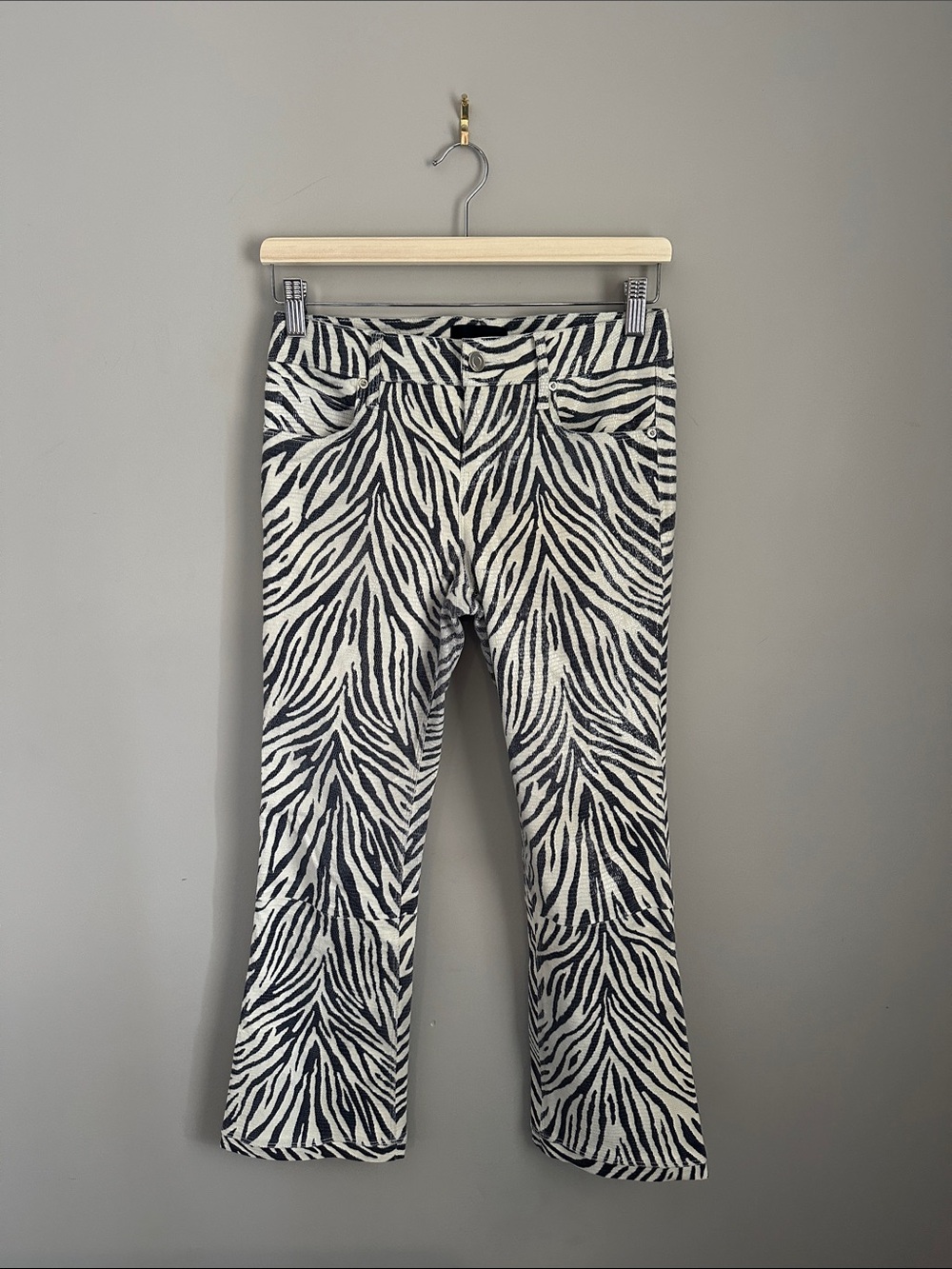 RtA Kiki Flared Lambskin Leather Zebra Print Stretch Pants in Black and White